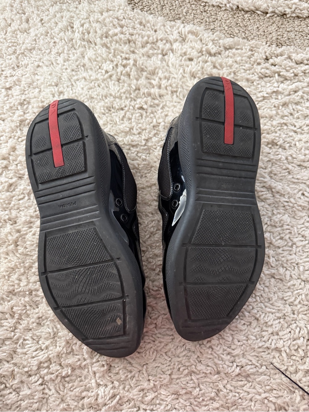 Prada Black Men's Mixed-Material Low-Top Sneakers with Red Logo Tab - Picture 5 of 5